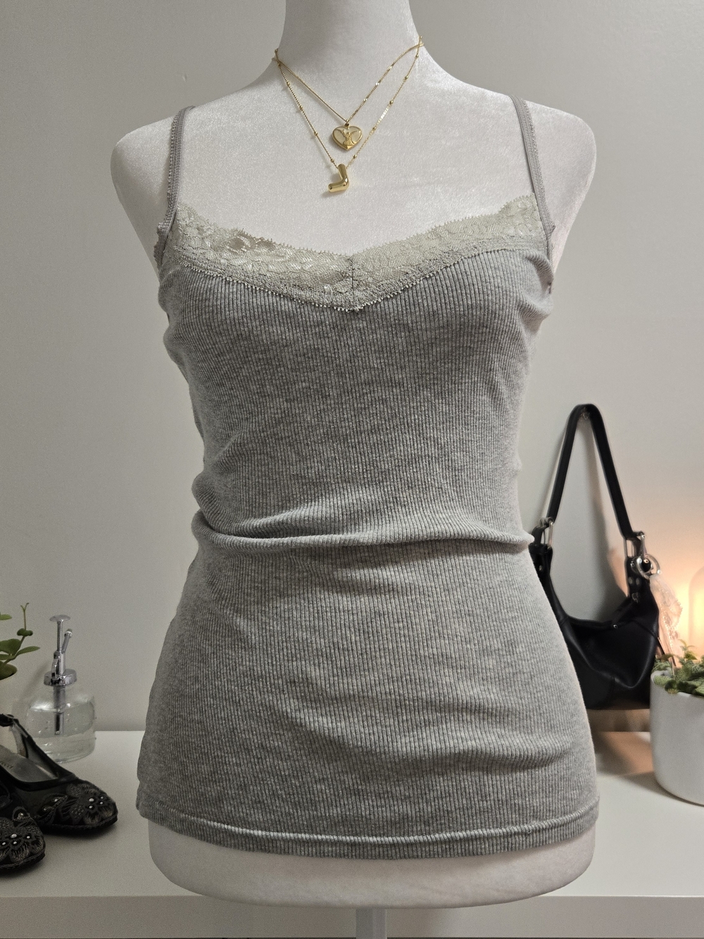 Lace Trim Ribbed Tank Top - Gray